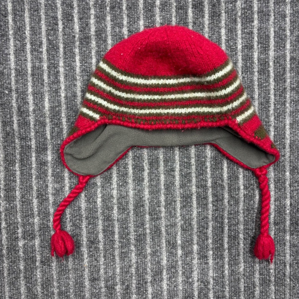 Patagonia Unisex Wool Earflap Beanie Hat OS Red Striped Fleece Lined Tassel Hat